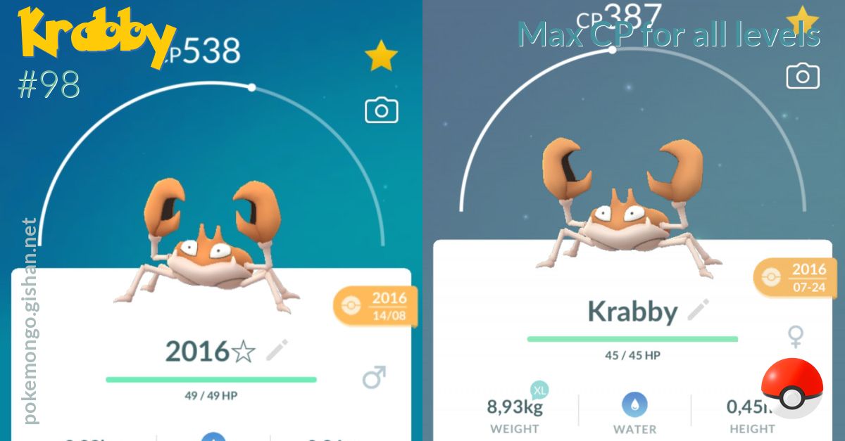 Krabby max CP for all levels - Pokemon Go