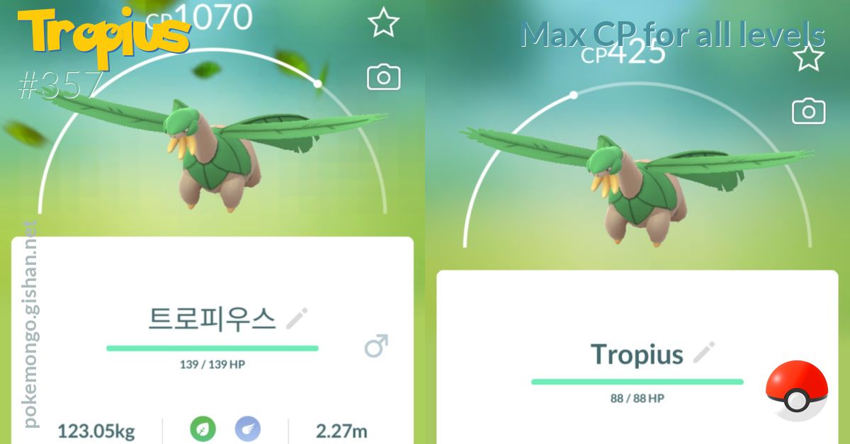 Tropius Max Cp For All Levels Pokemon Go