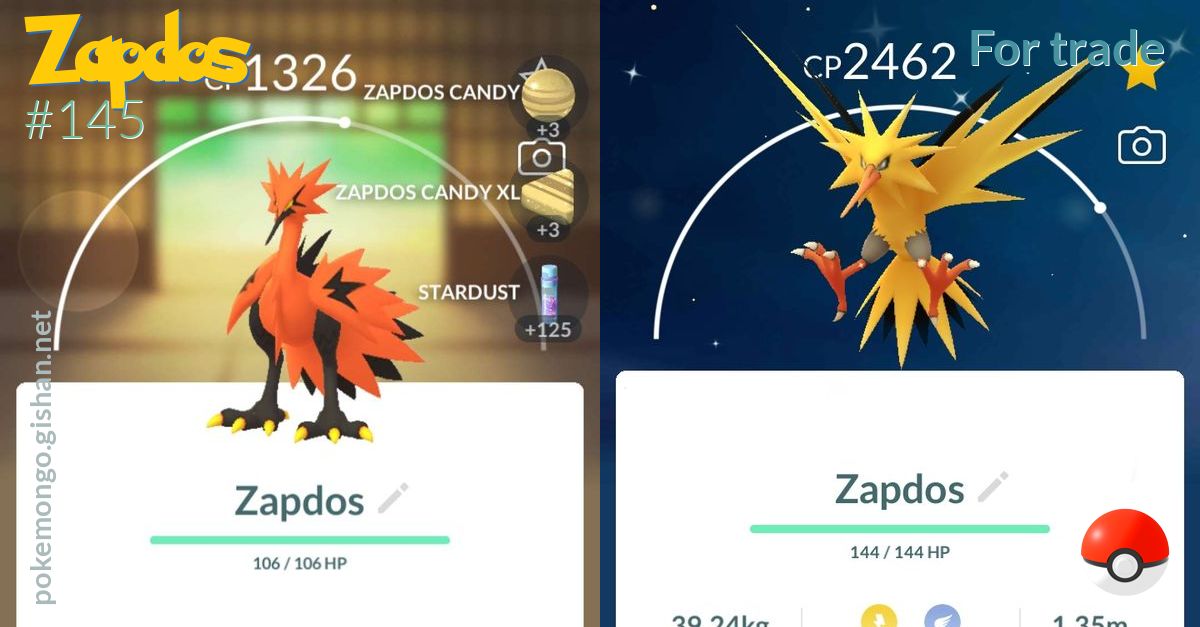 Shiny Zapdos Pokemon Trade Go LV20 Registered / 30 Day Trading Stardust  Pokémon