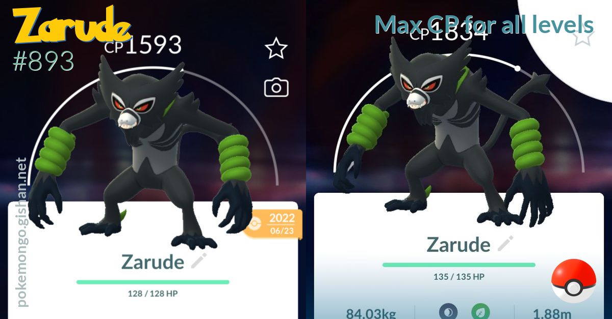 Zarude max CP for all levels - Pokemon Go